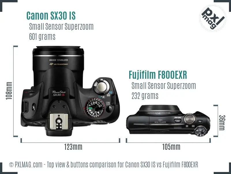 Canon SX30 IS vs Fujifilm F800EXR top view buttons comparison
