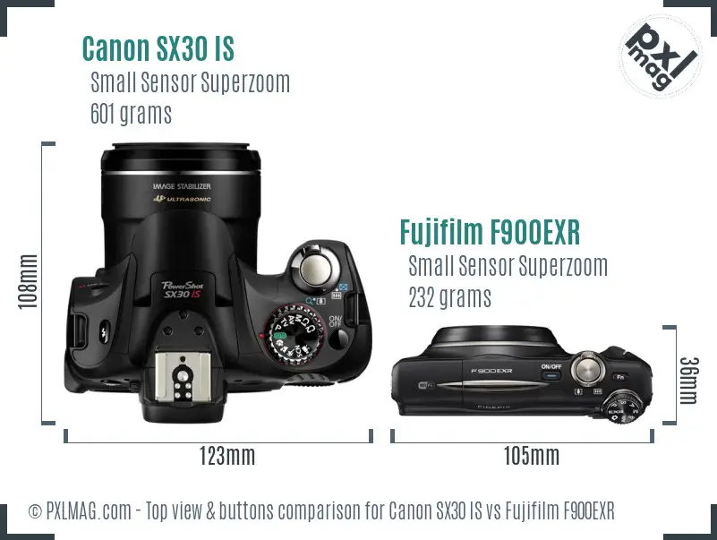 Canon SX30 IS vs Fujifilm F900EXR top view buttons comparison