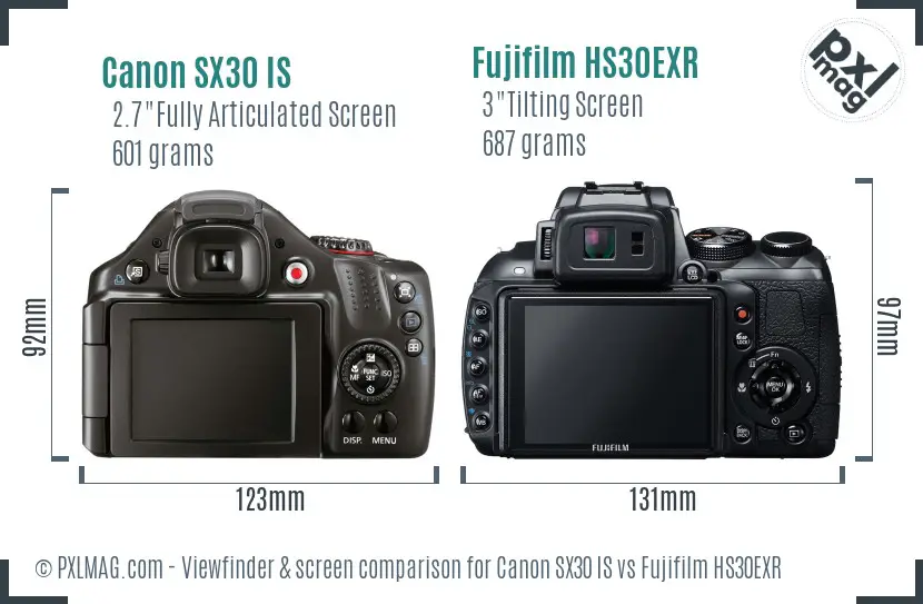Canon SX30 IS vs Fujifilm HS30EXR Screen and Viewfinder comparison