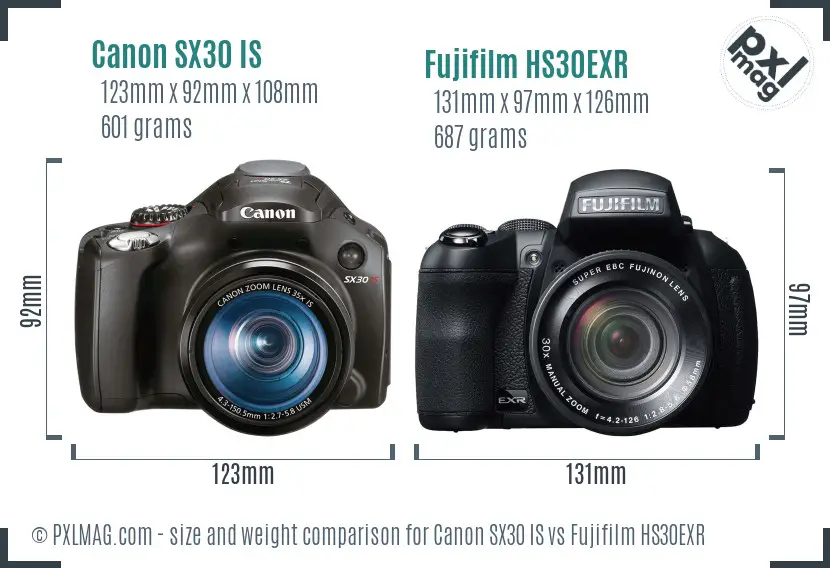 Canon SX30 IS vs Fujifilm HS30EXR size comparison