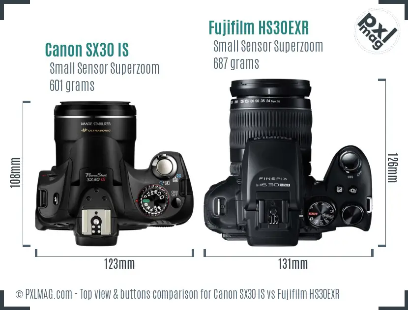 Canon SX30 IS vs Fujifilm HS30EXR top view buttons comparison