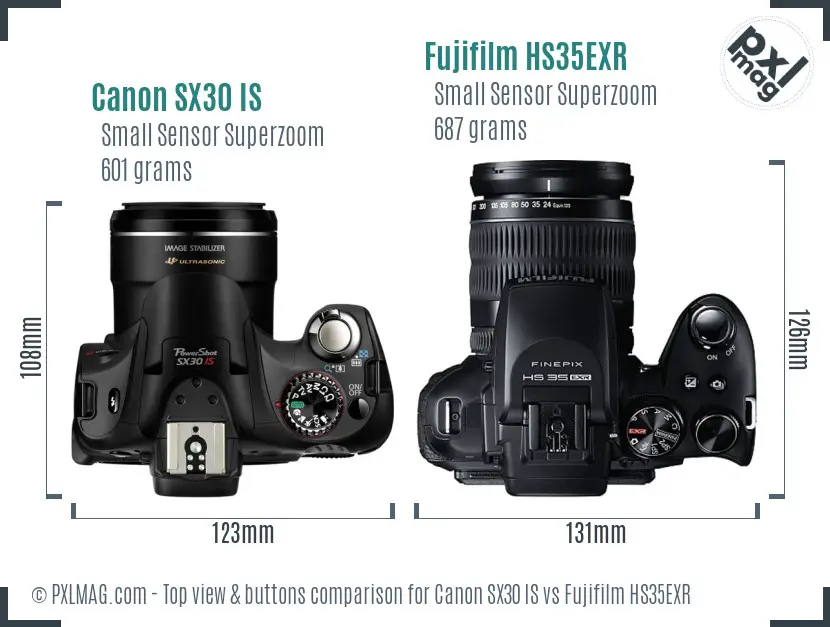 Canon SX30 IS vs Fujifilm HS35EXR top view buttons comparison