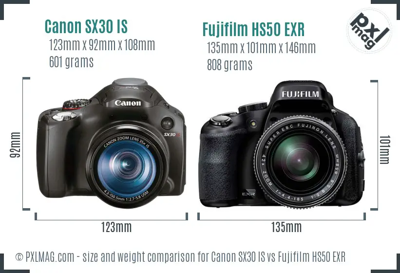 Canon SX30 IS vs Fujifilm HS50 EXR size comparison
