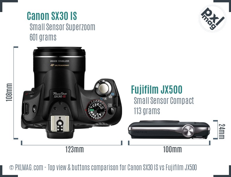 Canon SX30 IS vs Fujifilm JX500 top view buttons comparison