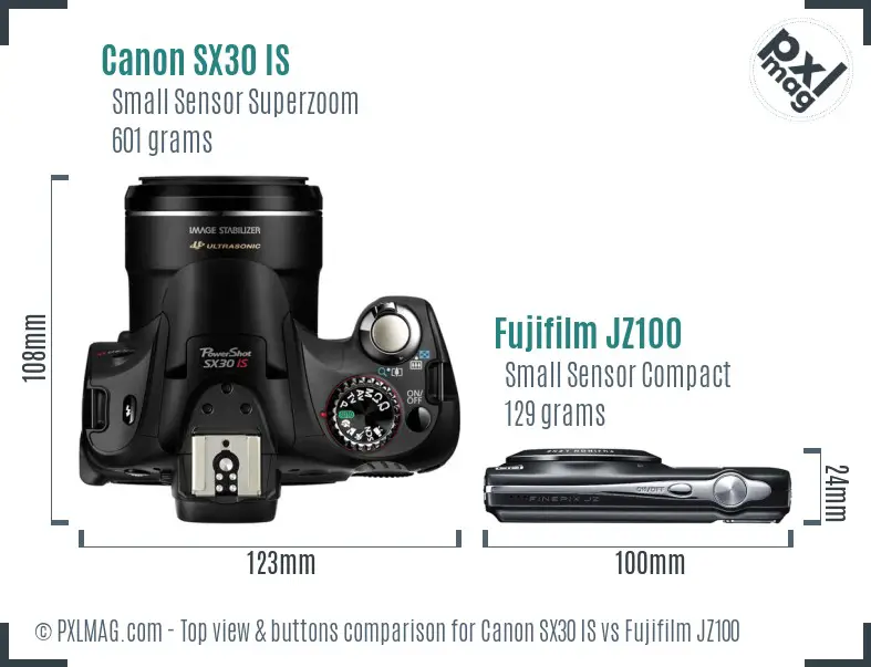 Canon SX30 IS vs Fujifilm JZ100 top view buttons comparison