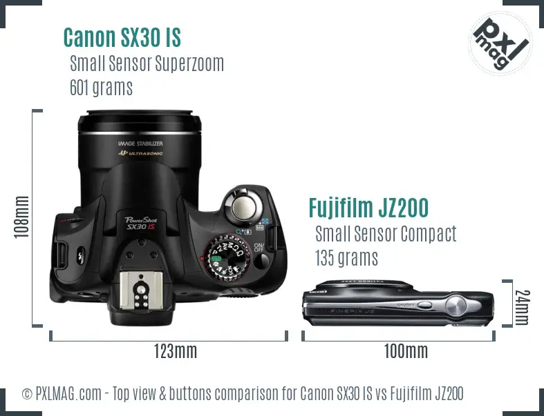 Canon SX30 IS vs Fujifilm JZ200 top view buttons comparison