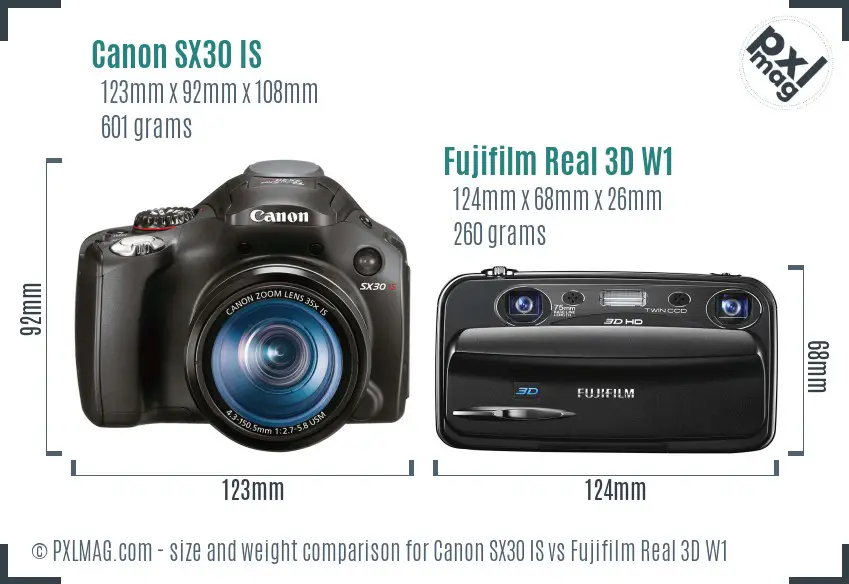 Canon SX30 IS vs Fujifilm Real 3D W1 size comparison