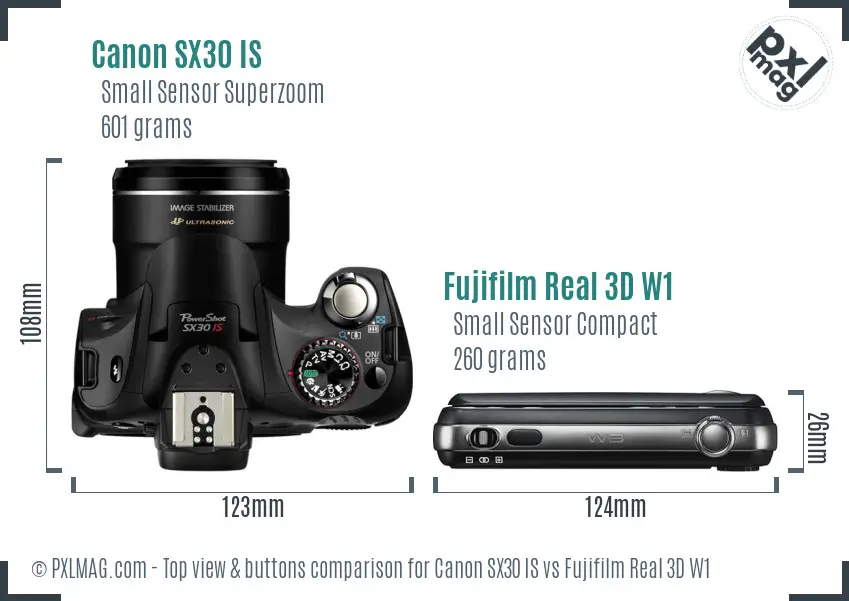 Canon SX30 IS vs Fujifilm Real 3D W1 top view buttons comparison