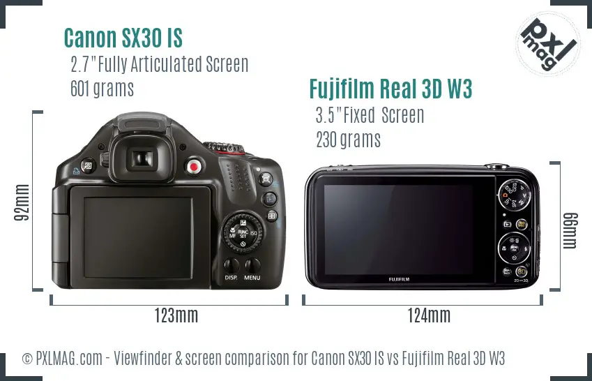 Canon SX30 IS vs Fujifilm Real 3D W3 Screen and Viewfinder comparison