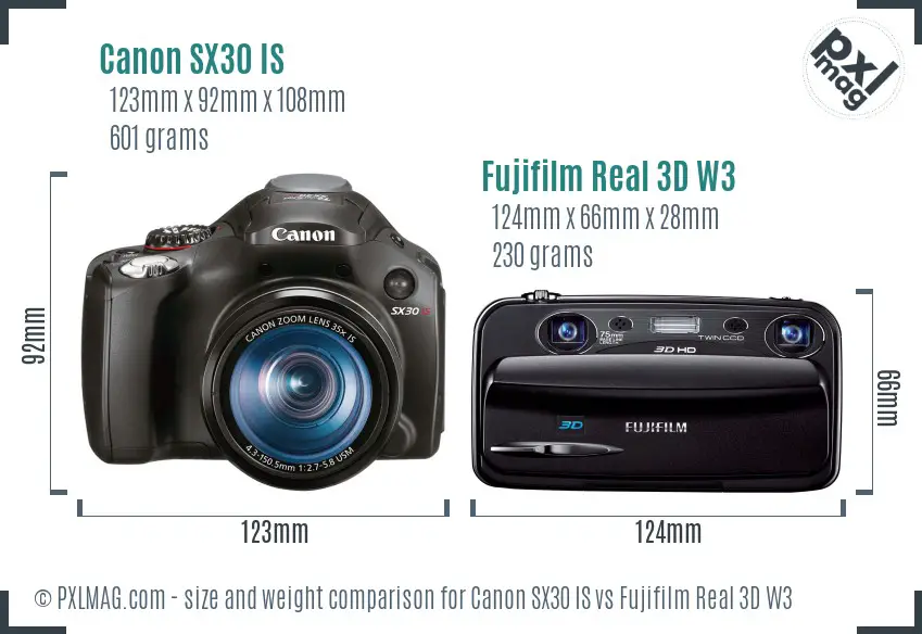 Canon SX30 IS vs Fujifilm Real 3D W3 size comparison