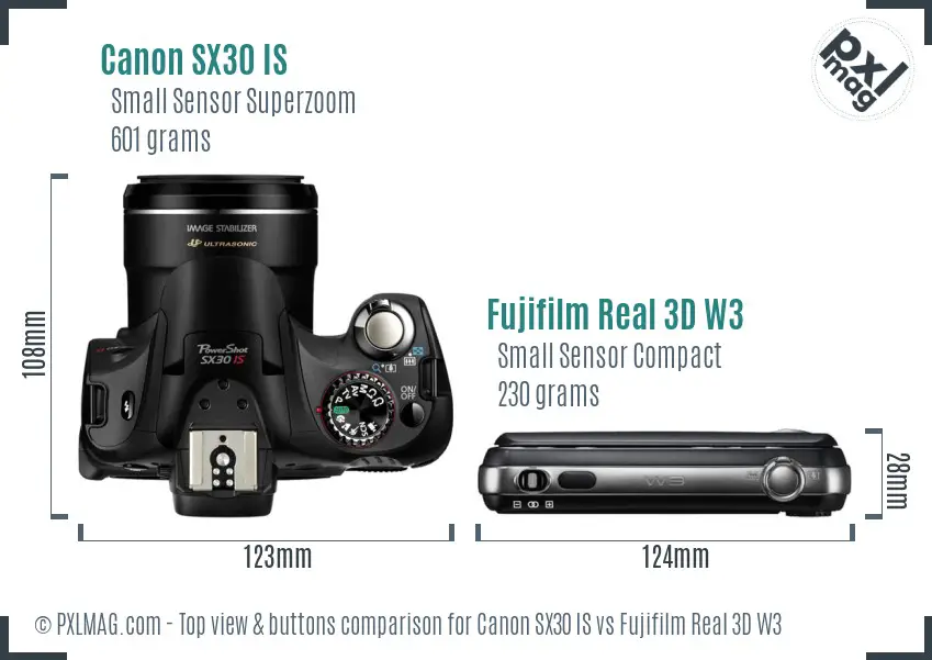 Canon SX30 IS vs Fujifilm Real 3D W3 top view buttons comparison