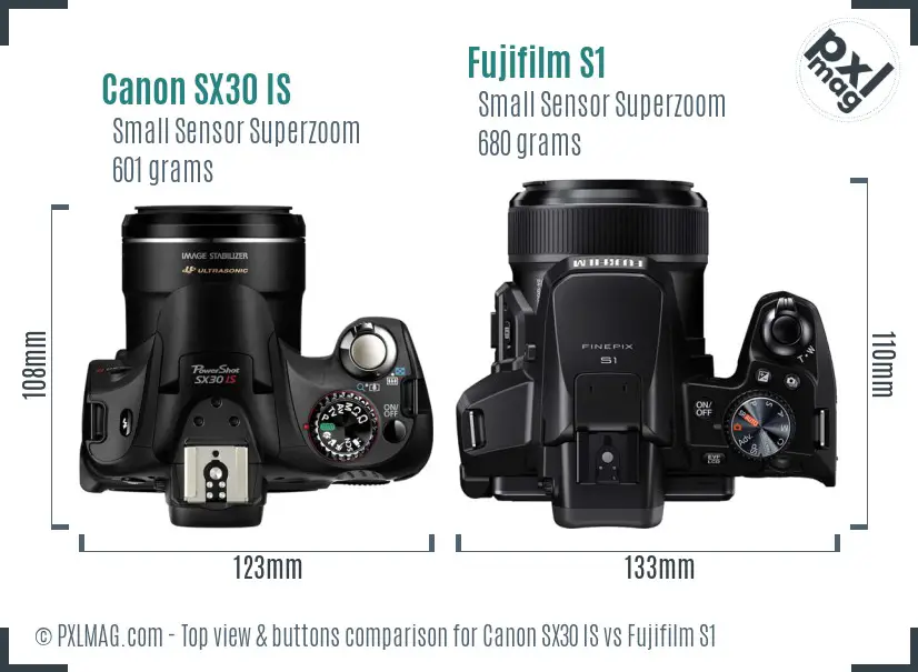 Canon SX30 IS vs Fujifilm S1 top view buttons comparison