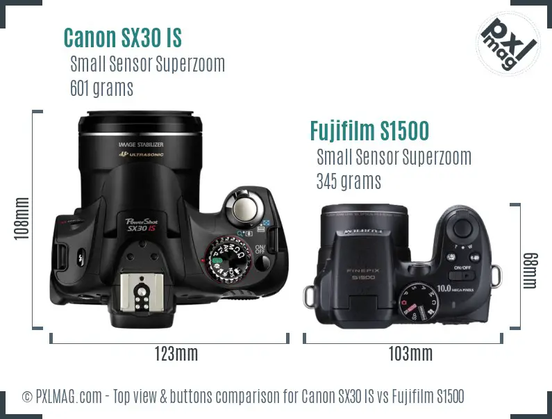 Canon SX30 IS vs Fujifilm S1500 top view buttons comparison