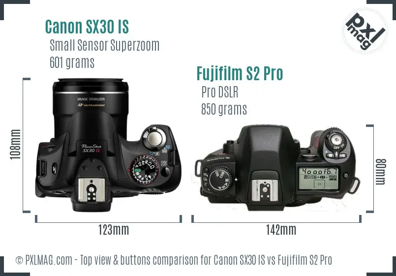 Canon SX30 IS vs Fujifilm S2 Pro top view buttons comparison