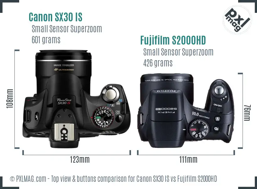 Canon SX30 IS vs Fujifilm S2000HD top view buttons comparison
