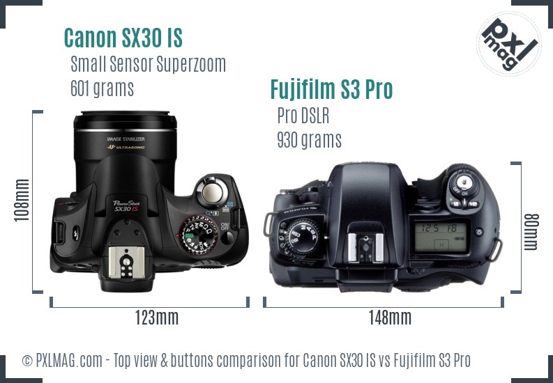 Canon SX30 IS vs Fujifilm S3 Pro top view buttons comparison