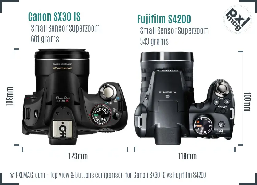 Canon SX30 IS vs Fujifilm S4200 top view buttons comparison