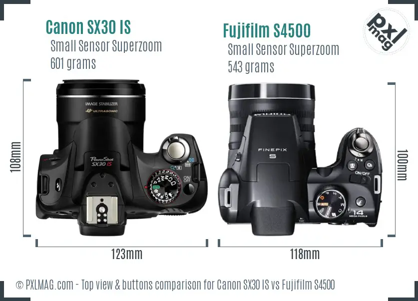 Canon SX30 IS vs Fujifilm S4500 top view buttons comparison