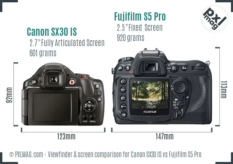 Canon SX30 IS vs Fujifilm S5 Pro Screen and Viewfinder comparison