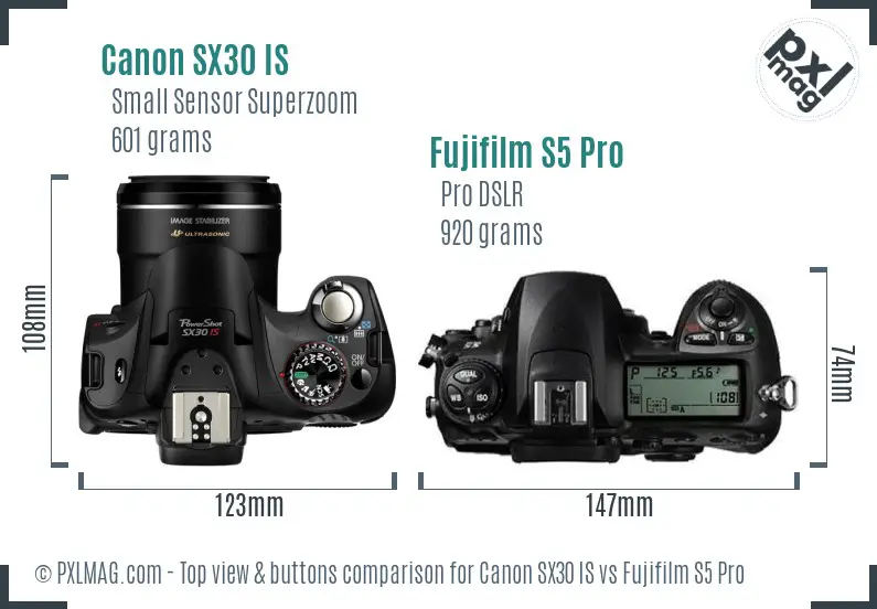 Canon SX30 IS vs Fujifilm S5 Pro top view buttons comparison