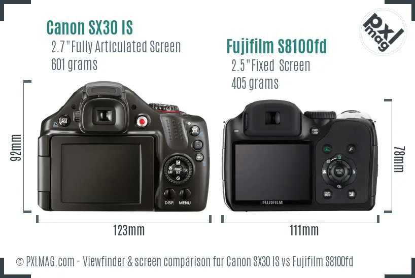 Canon SX30 IS vs Fujifilm S8100fd Screen and Viewfinder comparison