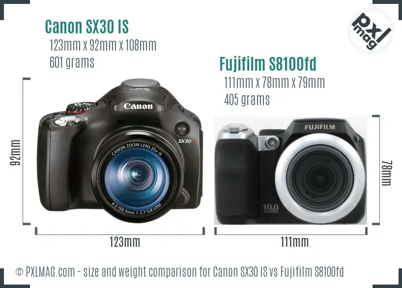 Canon SX30 IS vs Fujifilm S8100fd size comparison