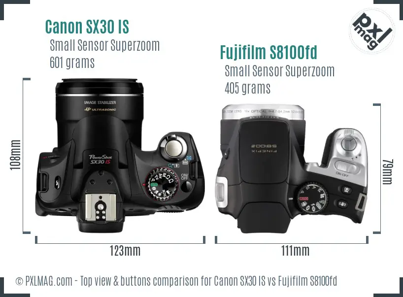 Canon SX30 IS vs Fujifilm S8100fd top view buttons comparison