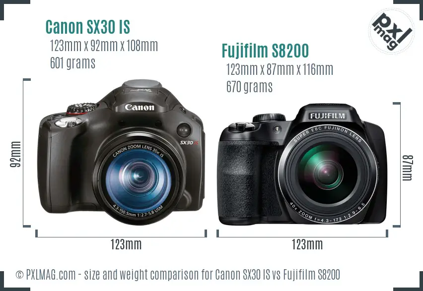 Canon SX30 IS vs Fujifilm S8200 size comparison