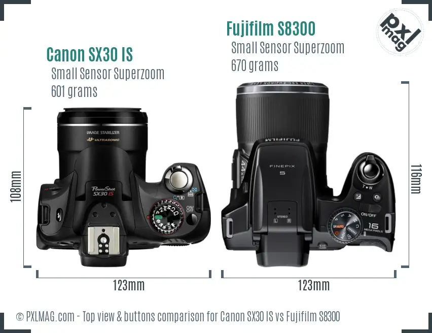 Canon SX30 IS vs Fujifilm S8300 top view buttons comparison Canon SX30 IS vs Fujifilm S8300 top view buttons comparison