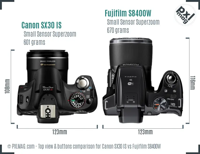 Canon SX30 IS vs Fujifilm S8400W top view buttons comparison