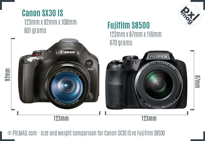 Canon SX30 IS vs Fujifilm S8500 size comparison