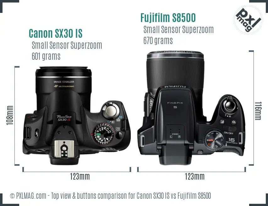 Canon SX30 IS vs Fujifilm S8500 top view buttons comparison