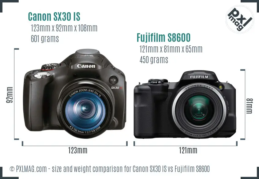 Canon SX30 IS vs Fujifilm S8600 size comparison Canon SX30 IS vs Fujifilm S8600 size comparison