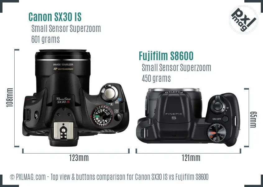 Canon SX30 IS vs Fujifilm S8600 top view buttons comparison Canon SX30 IS vs Fujifilm S8600 top view buttons comparison