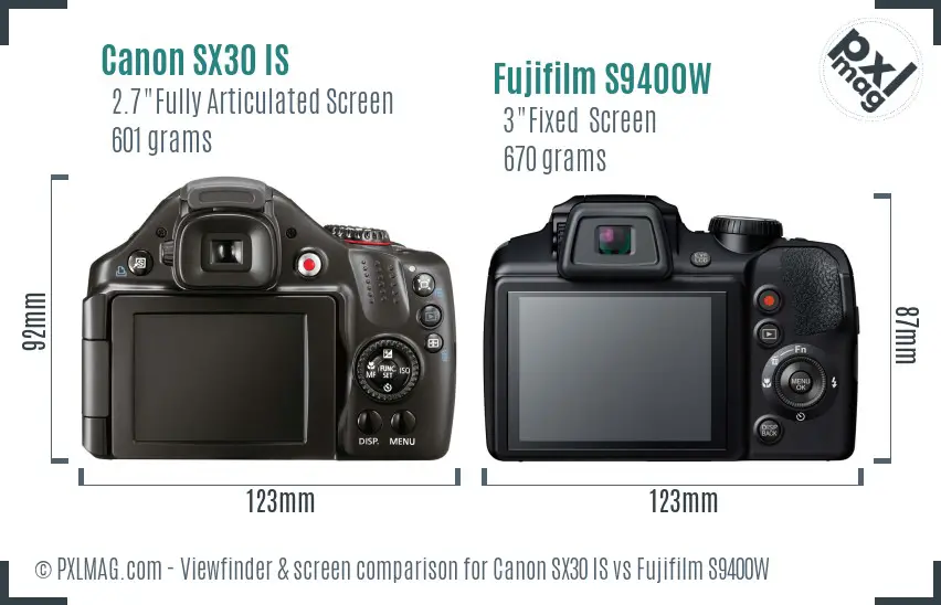 Canon SX30 IS vs Fujifilm S9400W Screen and Viewfinder comparison