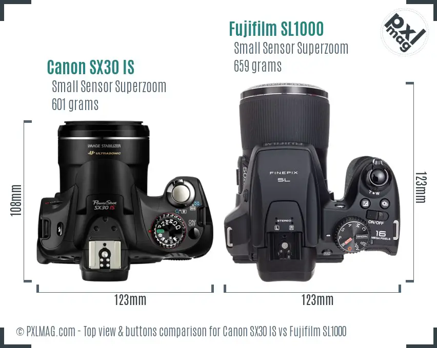 Canon SX30 IS vs Fujifilm SL1000 top view buttons comparison