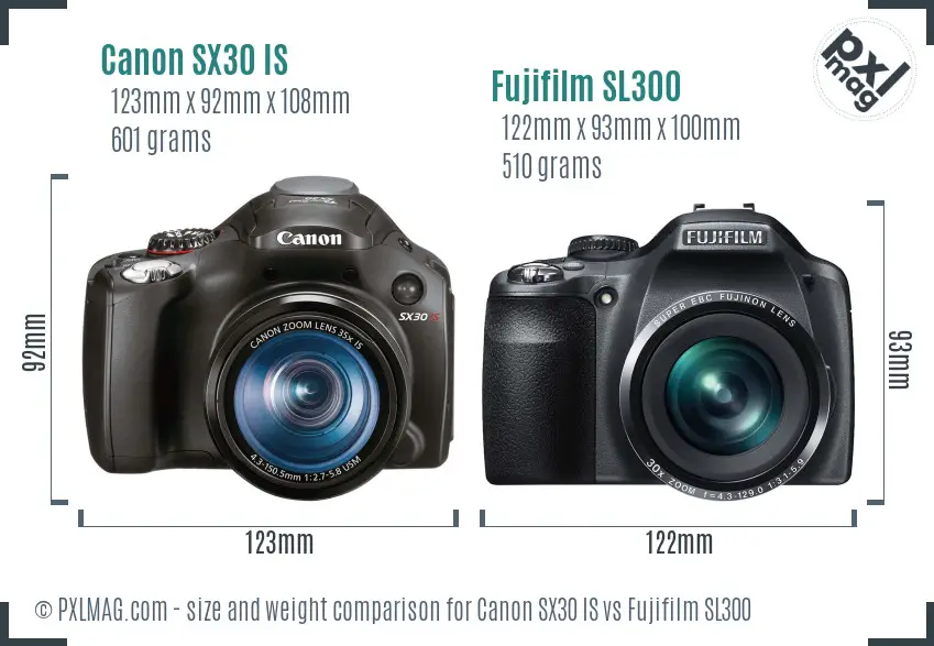 Canon SX30 IS vs Fujifilm SL300 size comparison