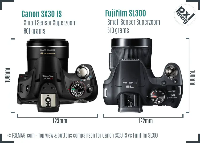Canon SX30 IS vs Fujifilm SL300 top view buttons comparison