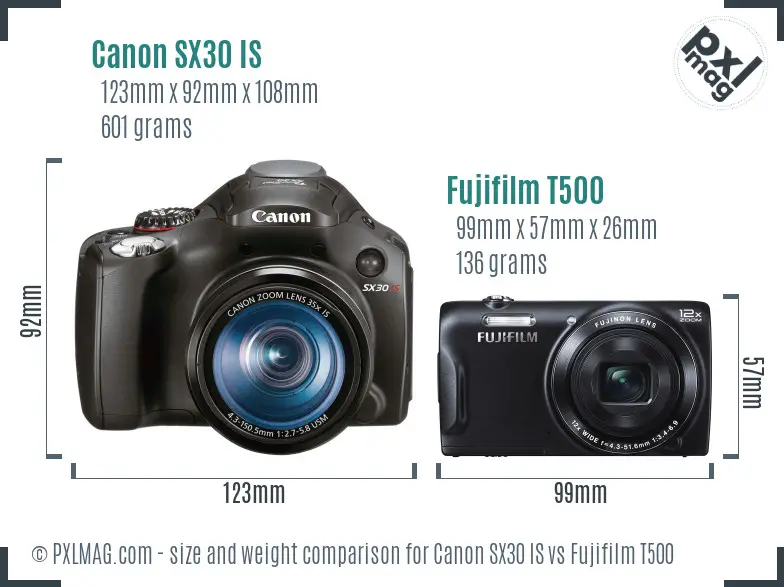 Canon SX30 IS vs Fujifilm T500 size comparison