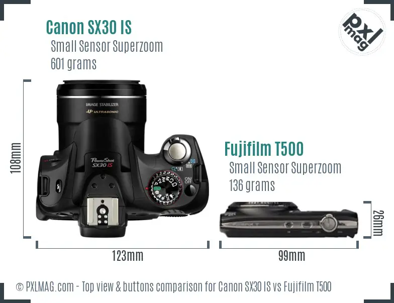 Canon SX30 IS vs Fujifilm T500 top view buttons comparison
