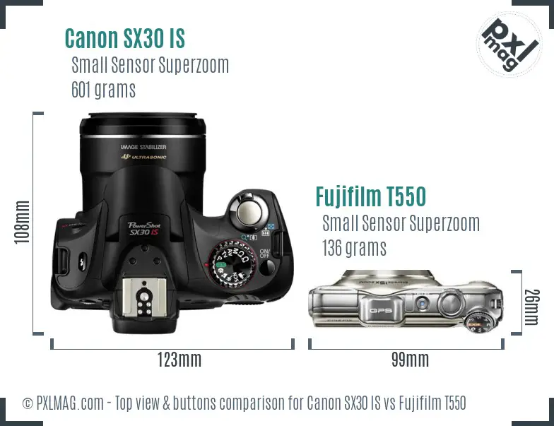 Canon SX30 IS vs Fujifilm T550 top view buttons comparison