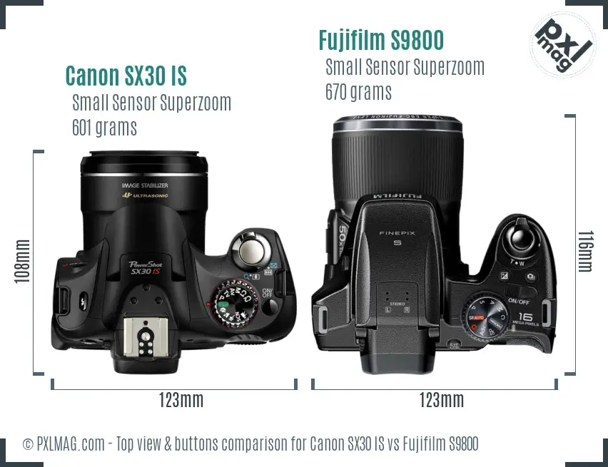 Canon SX30 IS vs Fujifilm S9800 top view buttons comparison Canon SX30 IS vs Fujifilm S9800 top view buttons comparison