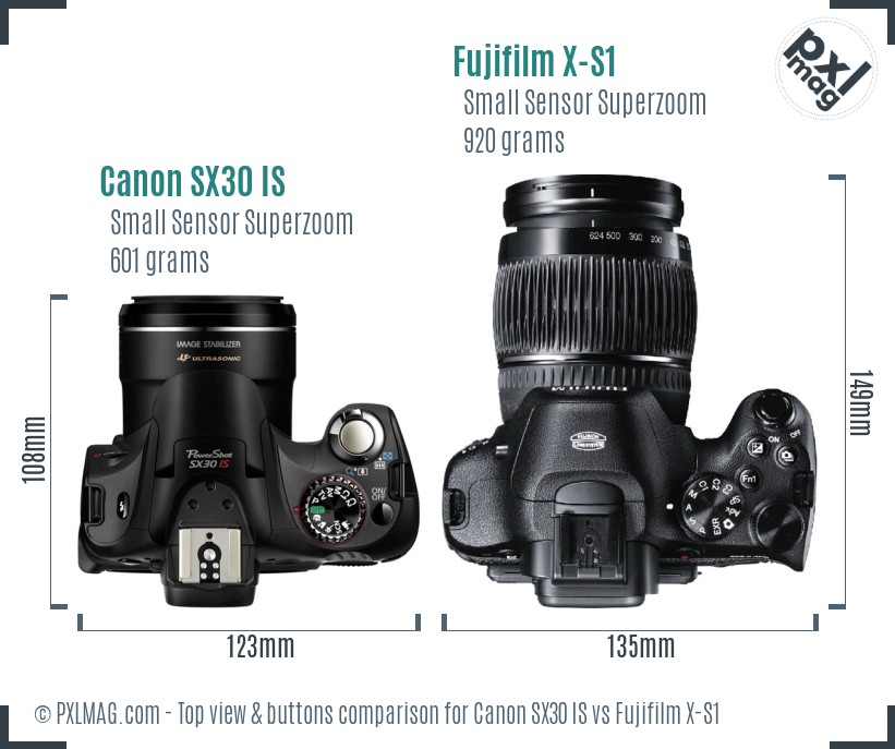 Canon SX30 IS vs Fujifilm X-S1 top view buttons comparison