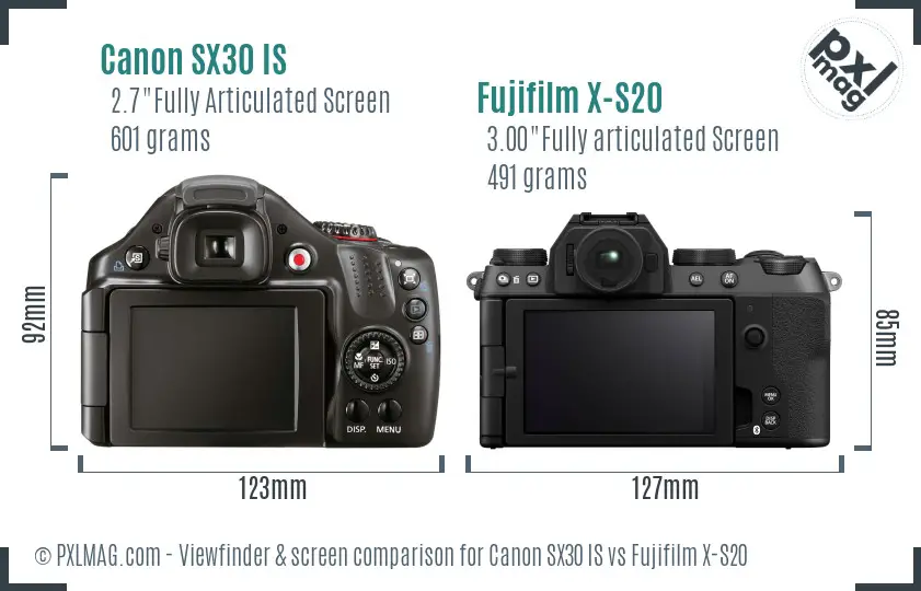 Canon SX30 IS vs Fujifilm X-S20 Screen and Viewfinder comparison Canon SX30 IS vs Fujifilm X-S20 Screen and Viewfinder comparison