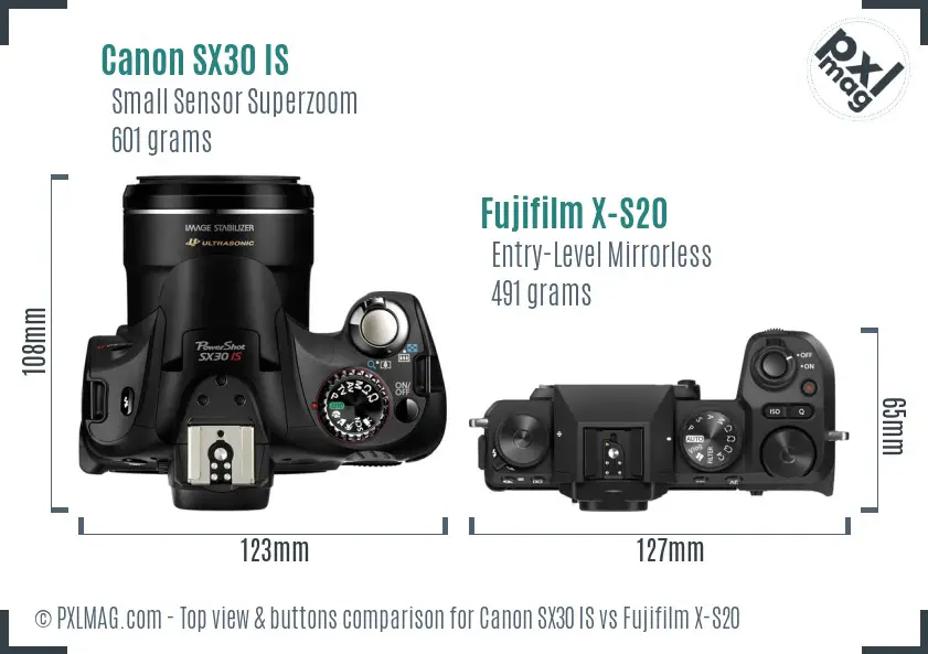 Canon SX30 IS vs Fujifilm X-S20 top view buttons comparison Canon SX30 IS vs Fujifilm X-S20 top view buttons comparison