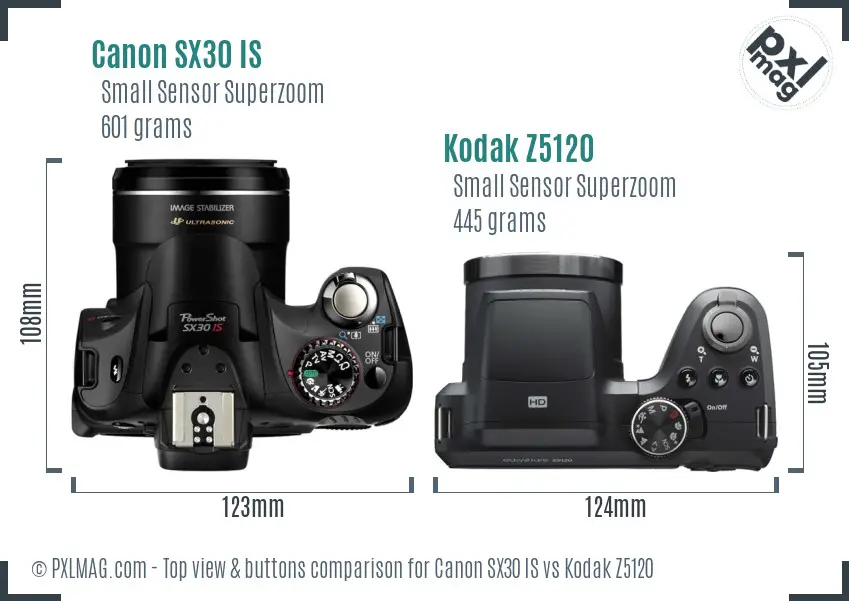 Canon SX30 IS vs Kodak Z5120 top view buttons comparison