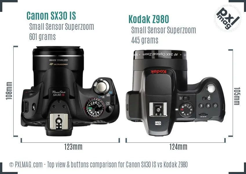 Canon SX30 IS vs Kodak Z980 top view buttons comparison