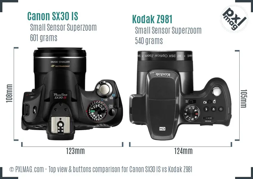 Canon SX30 IS vs Kodak Z981 top view buttons comparison