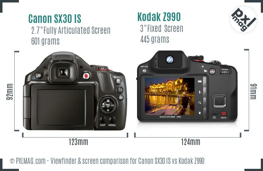 Canon SX30 IS vs Kodak Z990 Screen and Viewfinder comparison