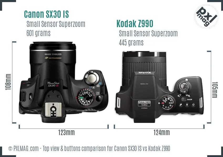 Canon SX30 IS vs Kodak Z990 top view buttons comparison